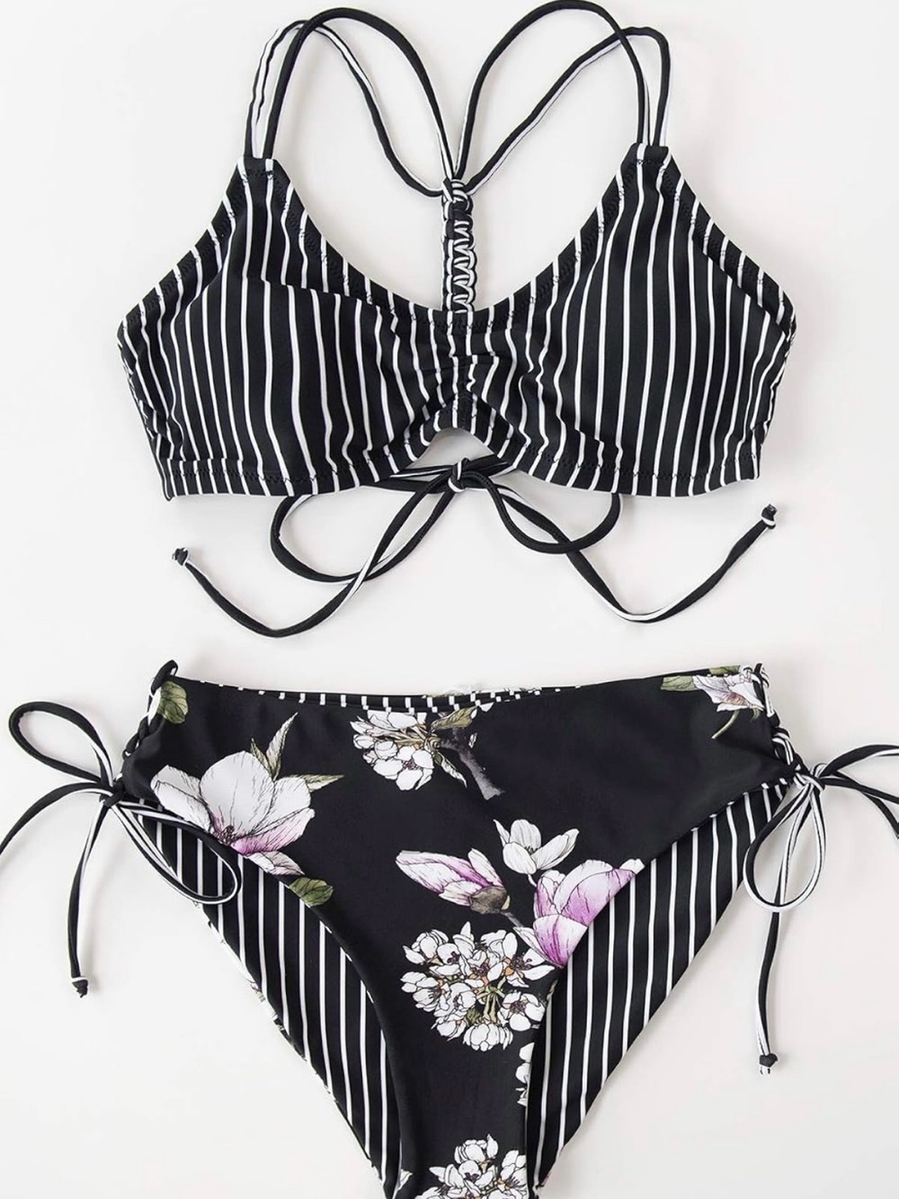 Cupshe Reversible Floral & Stripe High Waisted Bikini Set - Size Small
